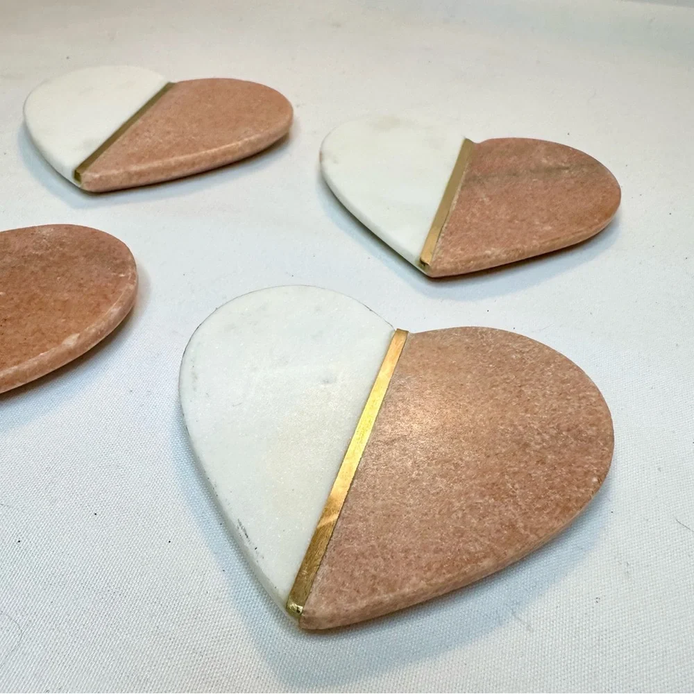 New 4 PC SET Natural Stone Orange Marble Heart Coasters With Brass Inlay - INDIA